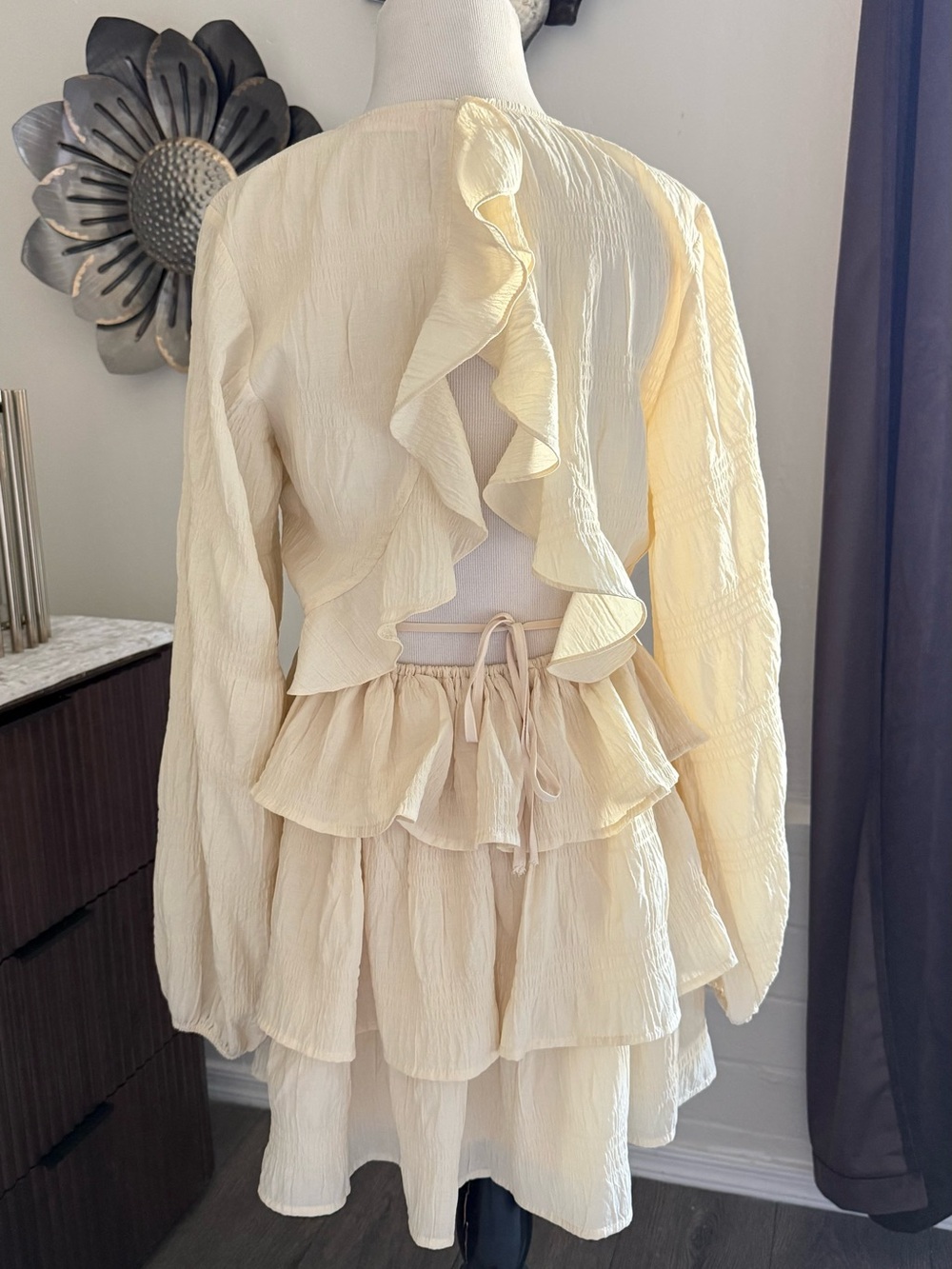Women’s Long Sleeve Ruffle Tiered Mini Dress - Cream